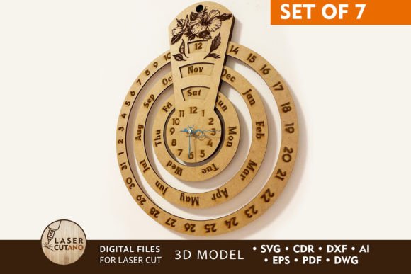Perpetual Calendar Clock Set of 7 – A Versatile Design for Creative and Functional Wall Art