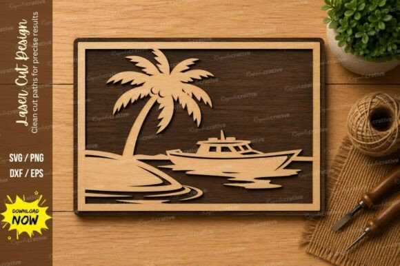 Tropical Boat Beach Scene Laser Cut SVG: A Versatile Design for Creative Projects